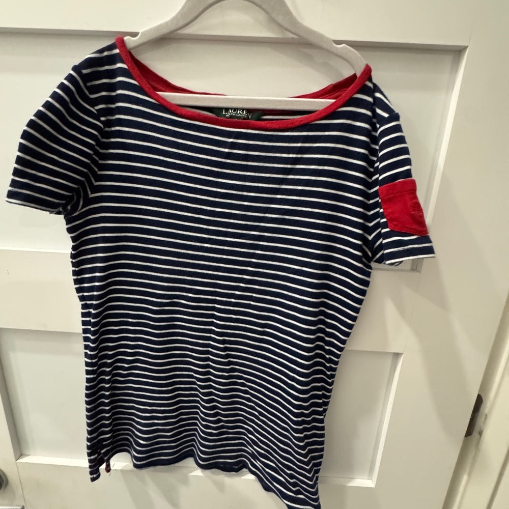 Ralph Lauren Navy and White Striped Top with Red Trim size S
